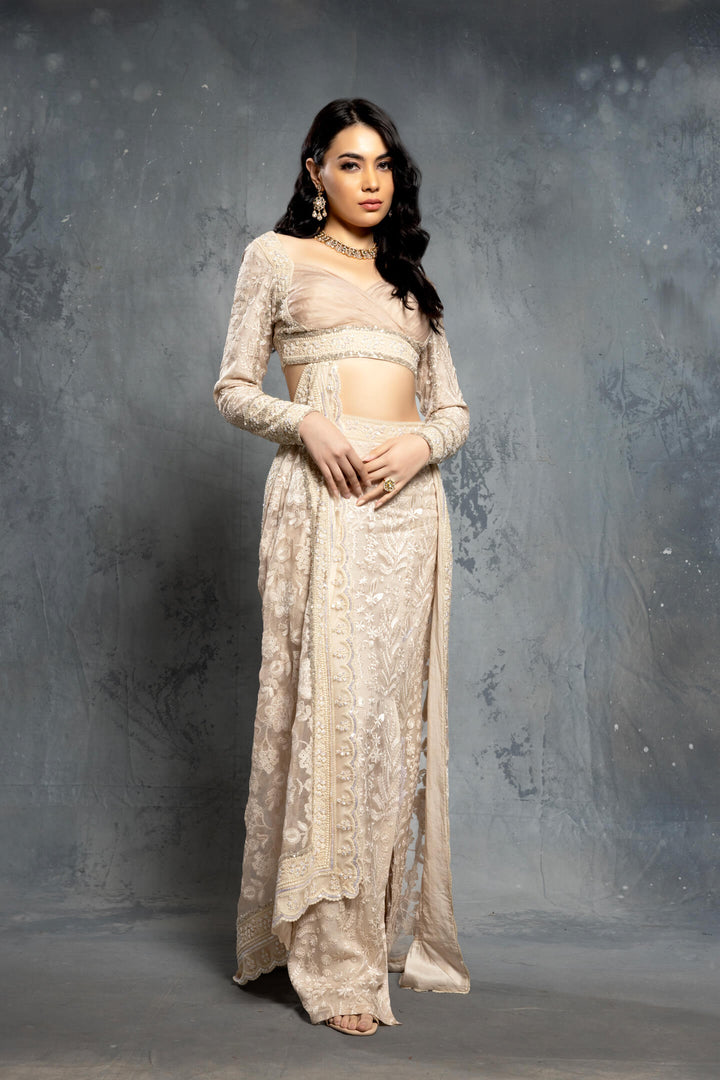 Ecru Threadwork Embroidered Concept Saree - NSL FASHION PVT LTD
