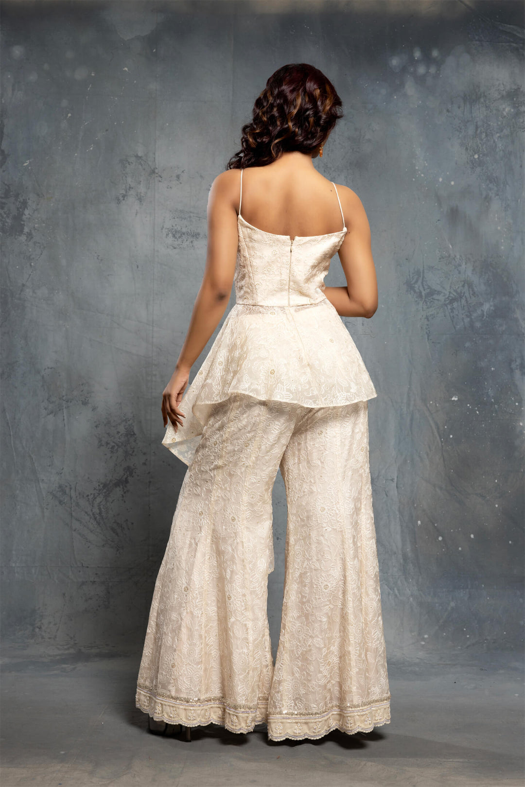 Ecru Threadwork Embroidered Indo-Western Set - NSL FASHION PVT LTD