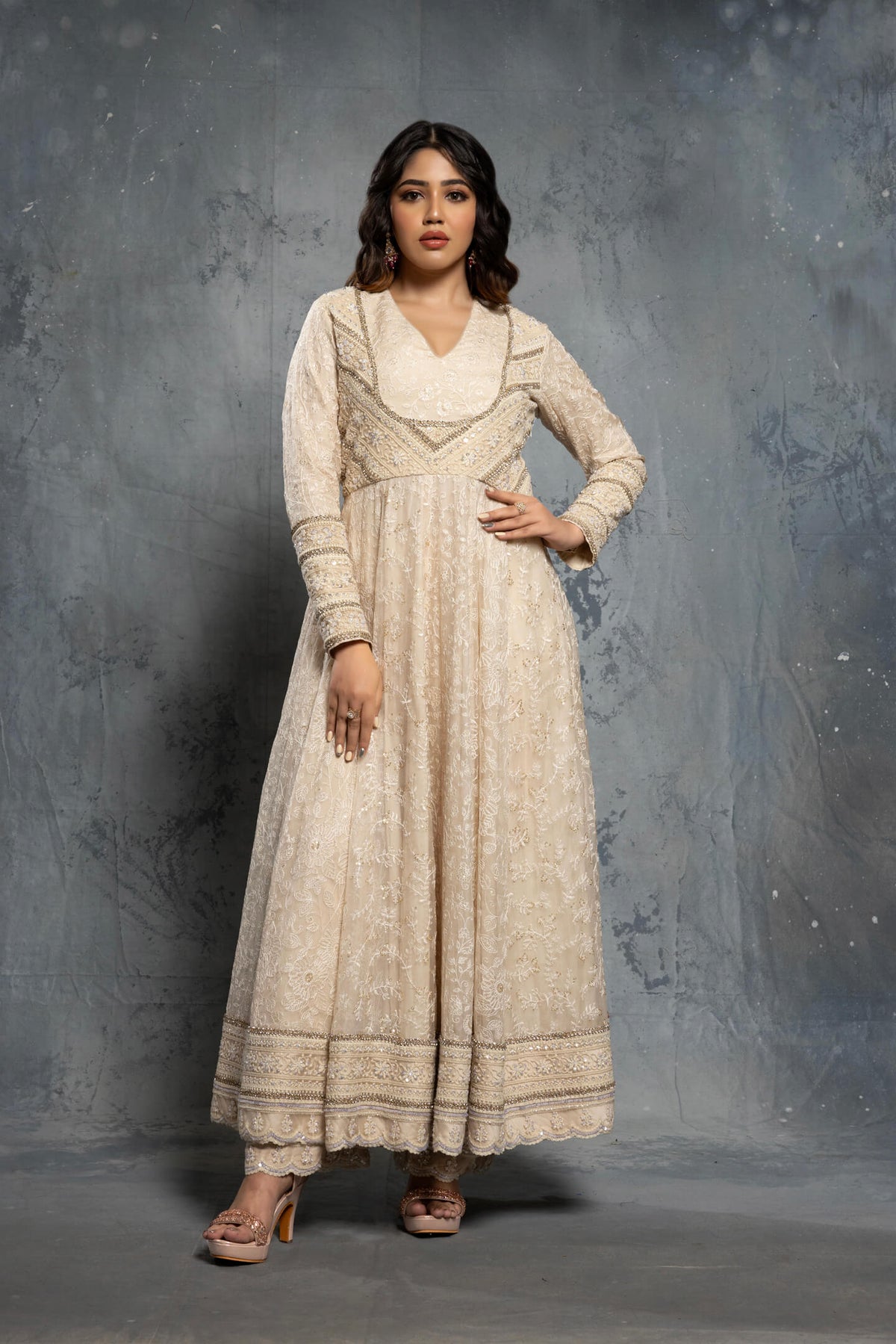 Ecru Threadwork Embroidered Long-Sleeve Anarkali Set - NSL FASHION PVT LTD