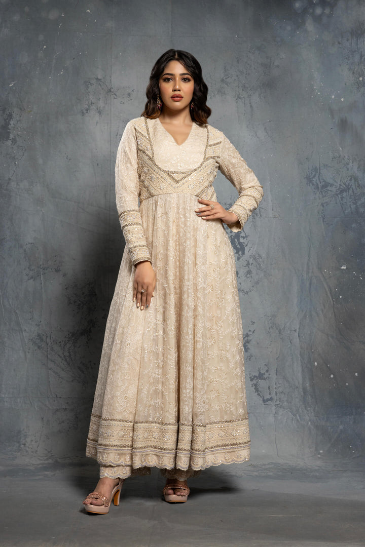 Ecru Threadwork Embroidered Long-Sleeve Anarkali Set - NSL FASHION PVT LTD