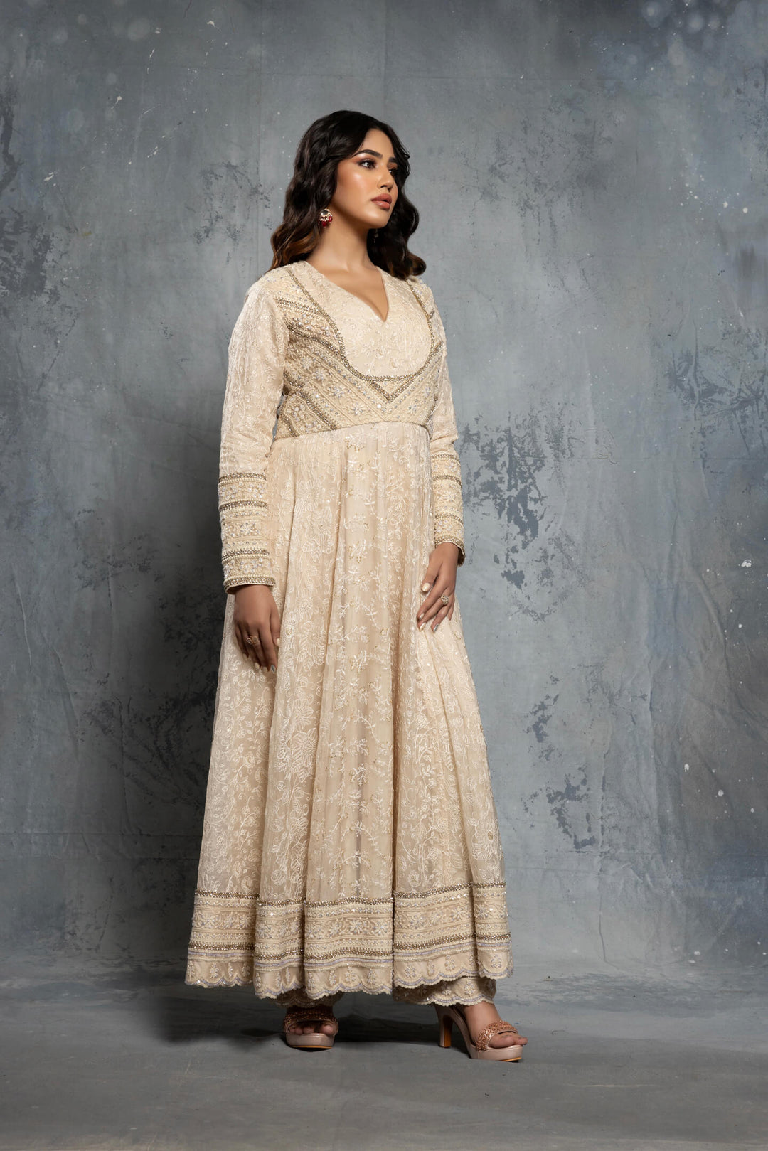 Ecru Threadwork Embroidered Long-Sleeve Anarkali Set - NSL FASHION PVT LTD