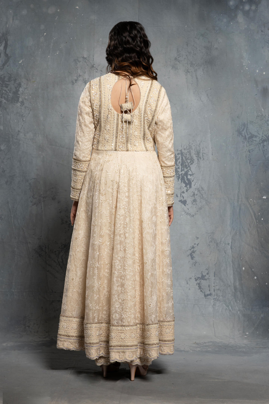 Ecru Threadwork Embroidered Long-Sleeve Anarkali Set - NSL FASHION PVT LTD