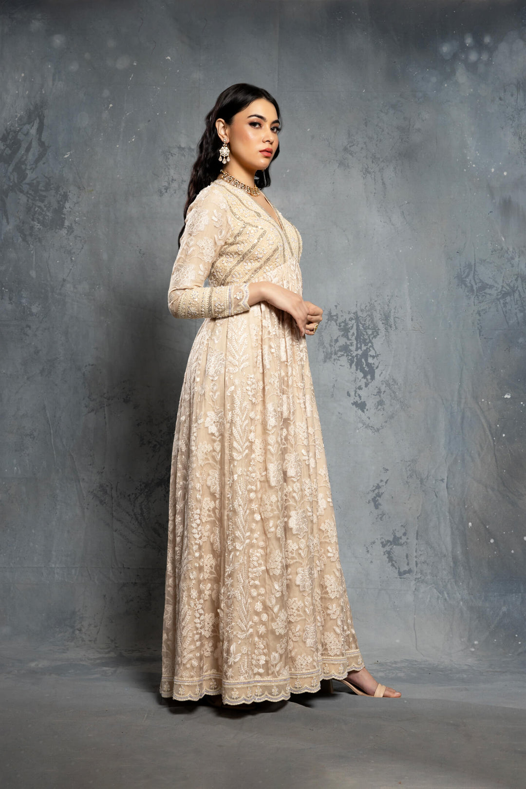 Ecru Threadwork Embroidered Long-Sleeve Anarkali Set - NSL FASHION PVT LTD