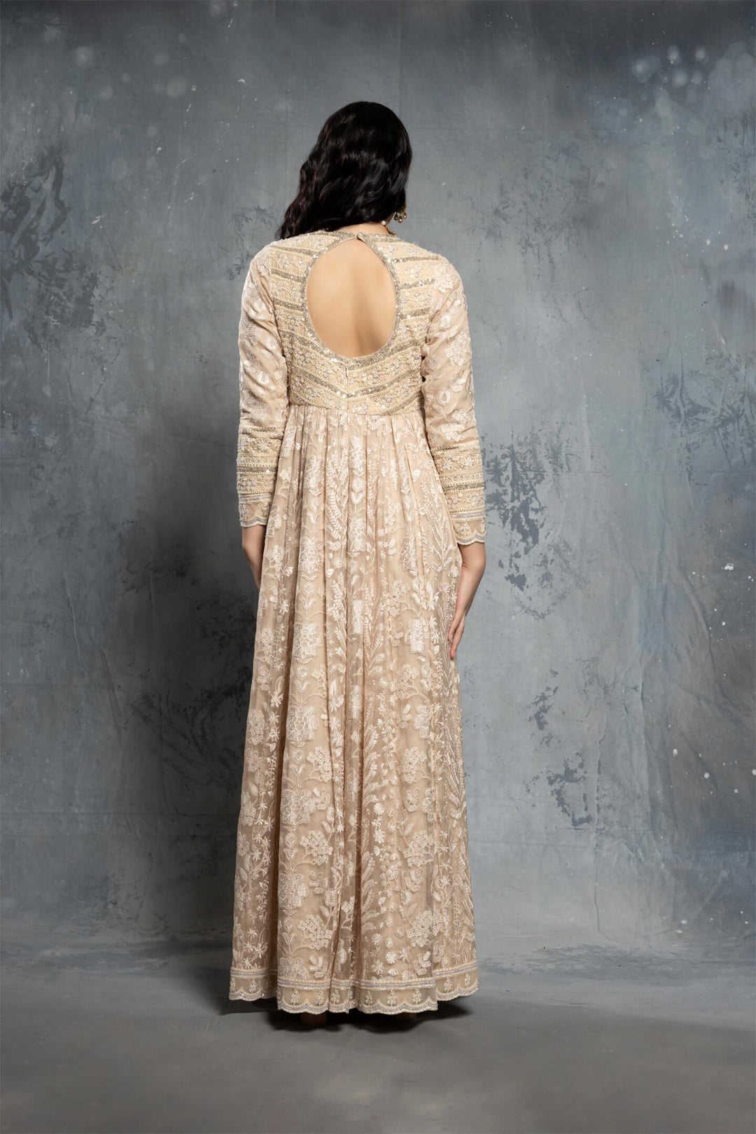 Ecru Threadwork Embroidered Long-Sleeve Anarkali Set - NSL FASHION PVT LTD