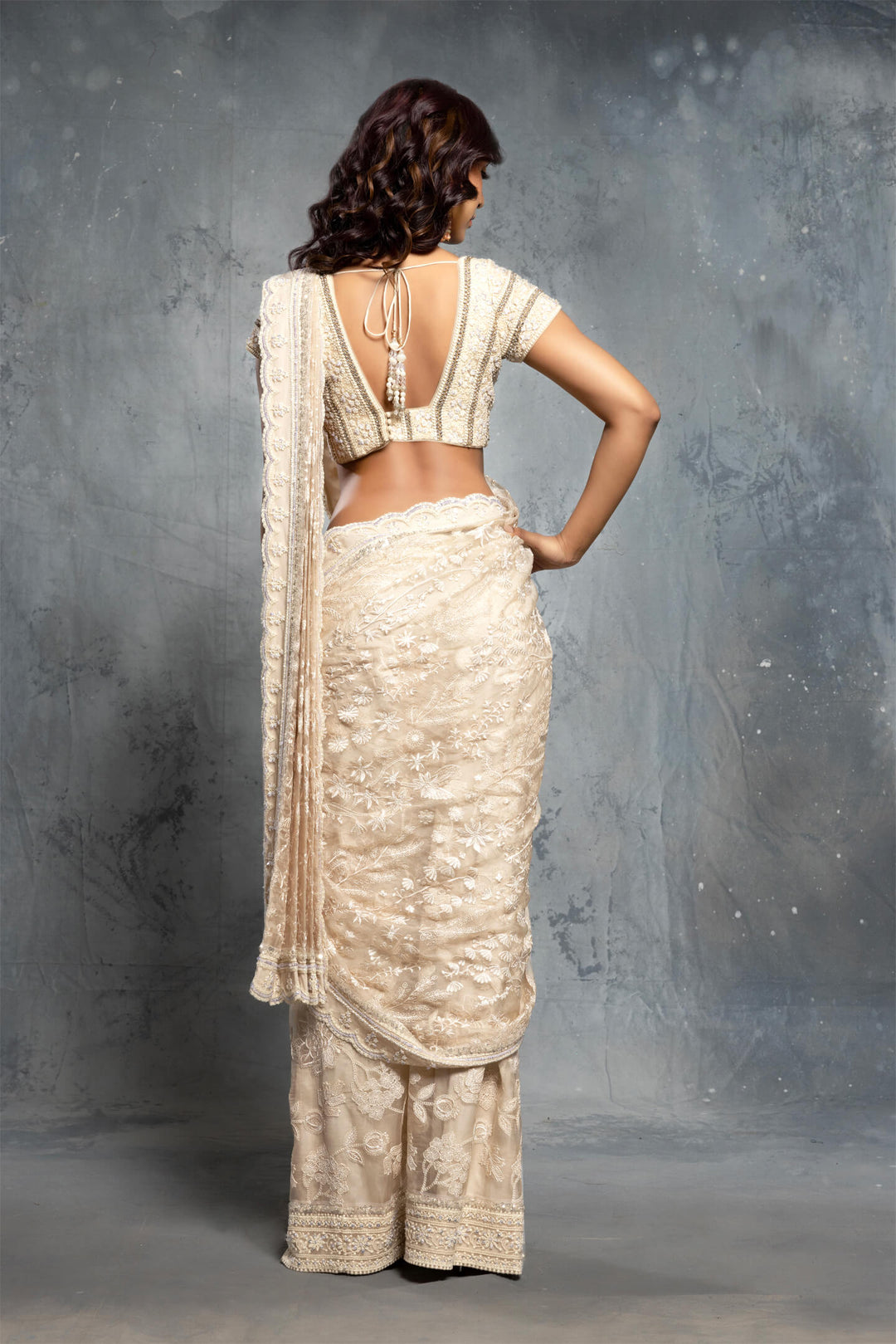 Ecru Threadwork Embroidered Saree Set - NSL FASHION PVT LTD
