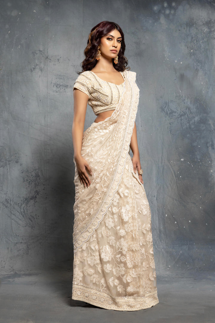 Ecru Threadwork Embroidered Saree Set - NSL FASHION PVT LTD