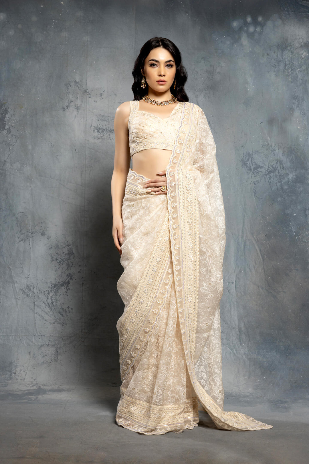 Ecru Threadwork Embroidered Saree Set - NSL FASHION PVT LTD