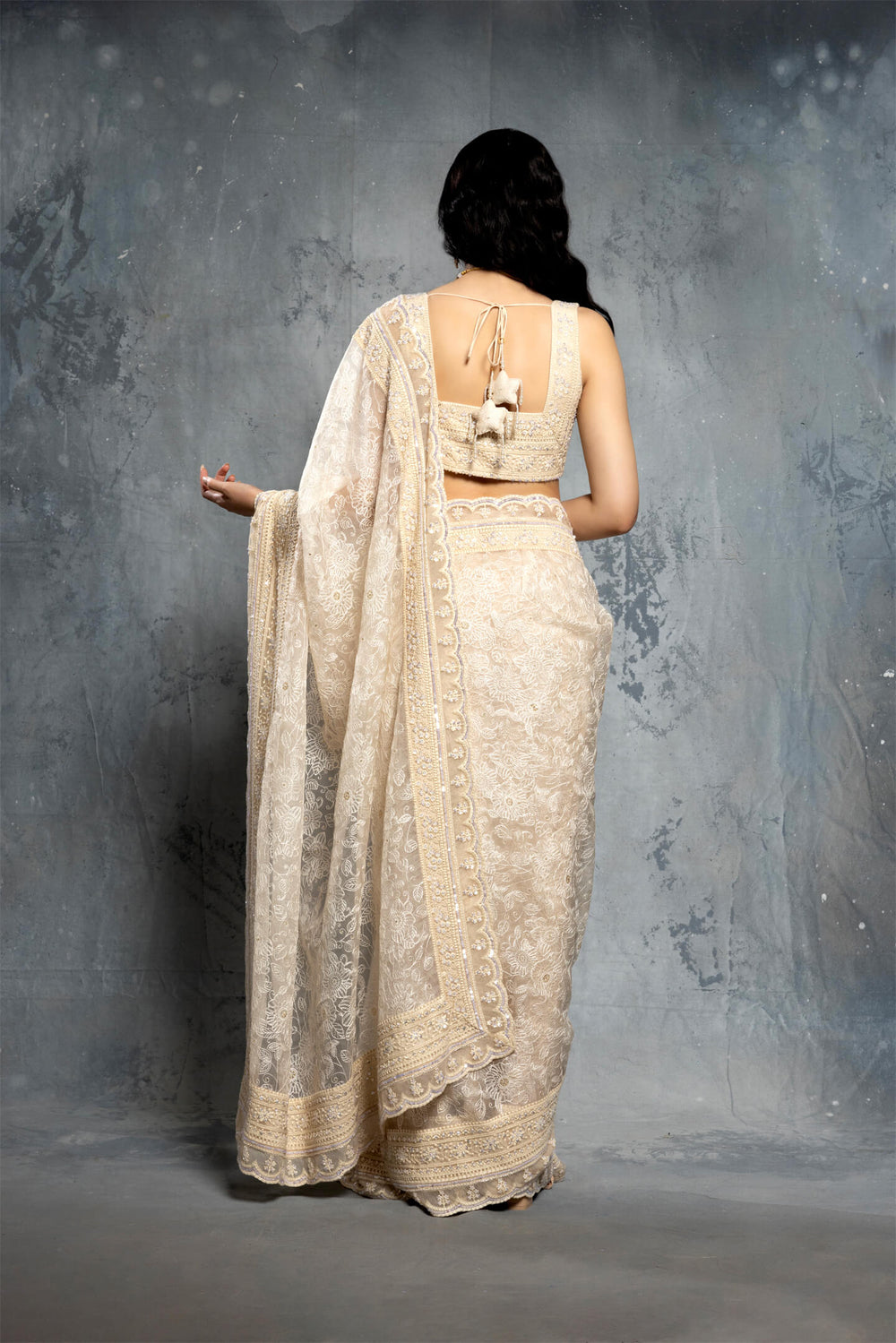 Ecru Threadwork Embroidered Saree Set - NSL FASHION PVT LTD