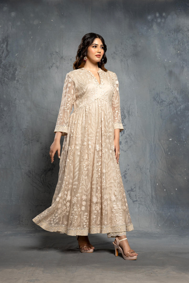 Ecru Threadwork Embroidery  Anarkali Set - NSL FASHION PVT LTD