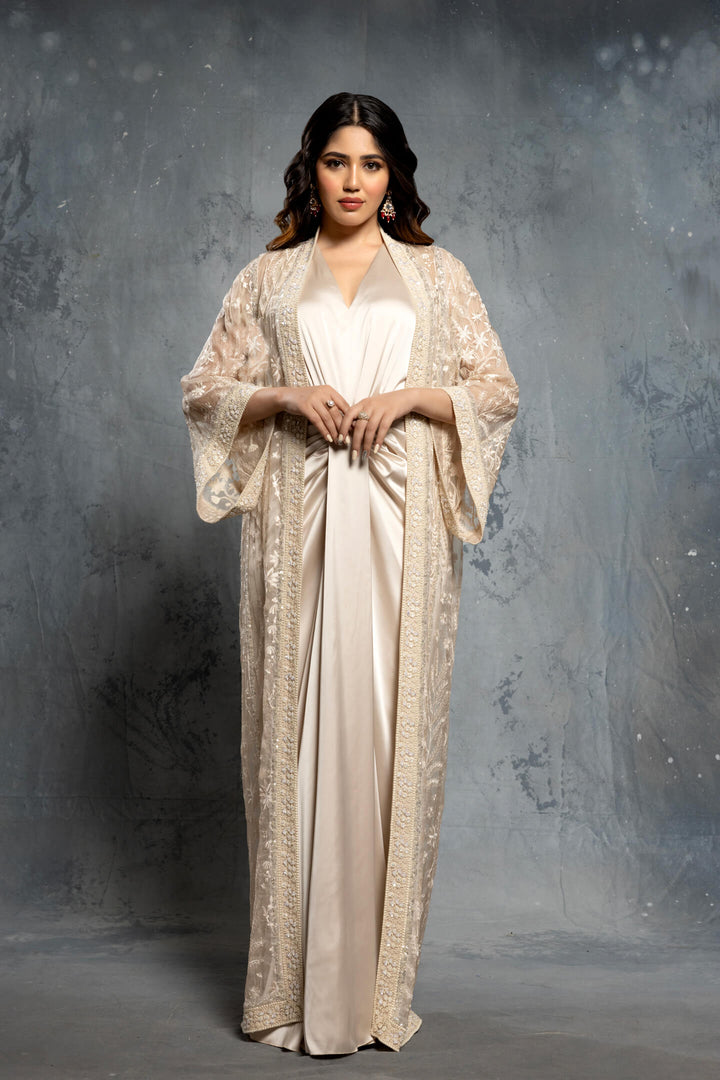Ecru Threadwork Embroidery Jacket Draped Satin Gown - NSL FASHION PVT LTD