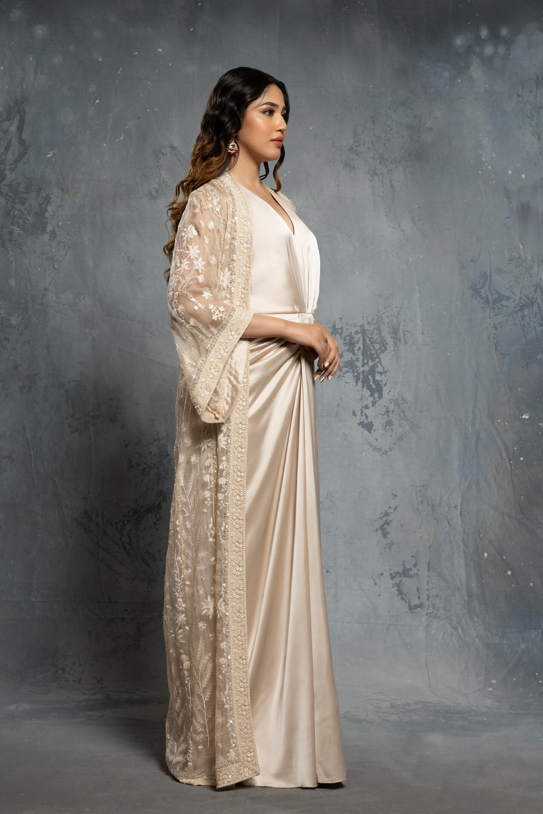 Ecru Threadwork Embroidery Jacket Draped Satin Gown - NSL FASHION PVT LTD