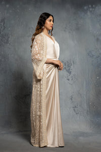 Ecru Threadwork Embroidery Jacket Draped Satin Gown - NSL FASHION PVT LTD