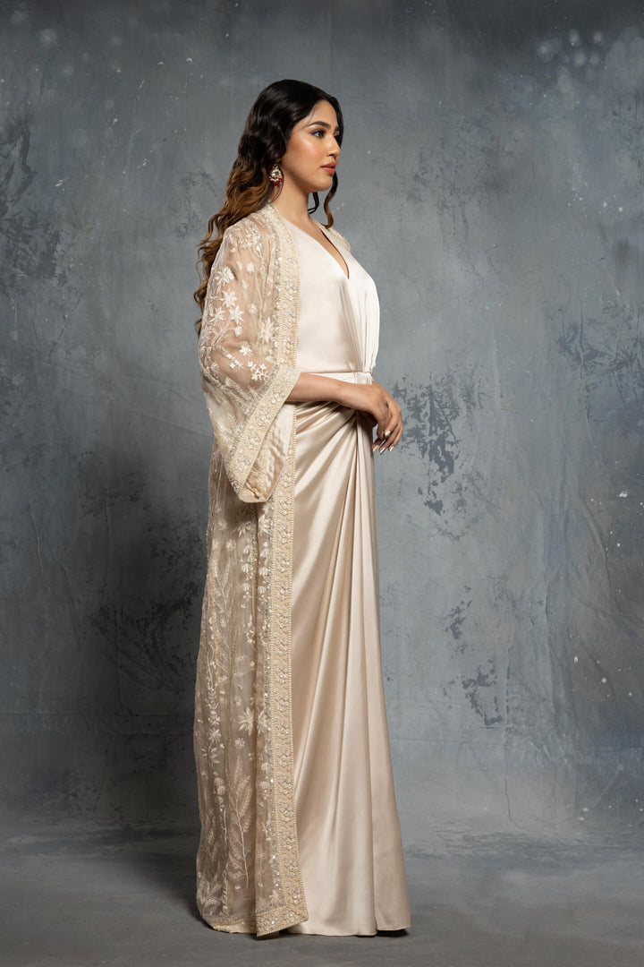 Ecru Threadwork Embroidery Jacket Draped Satin Gown - NSL FASHION PVT LTD