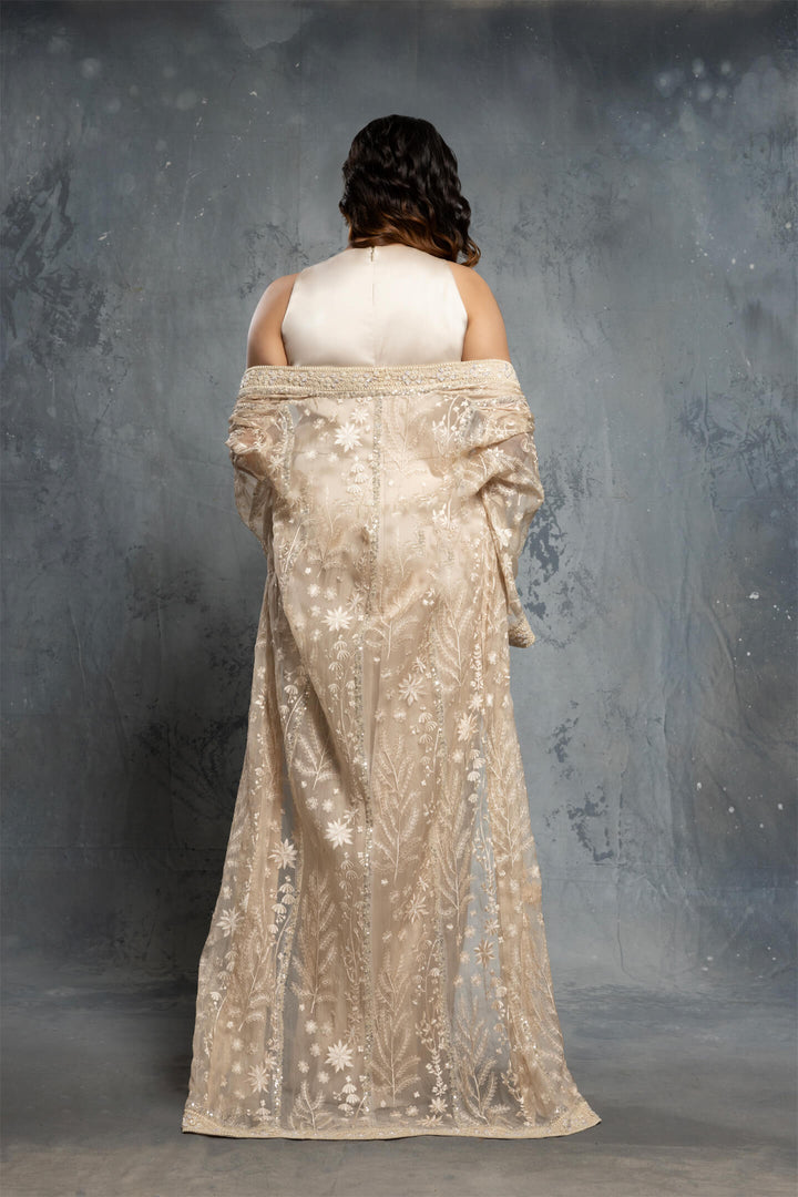 Ecru Threadwork Embroidery Jacket Draped Satin Gown - NSL FASHION PVT LTD