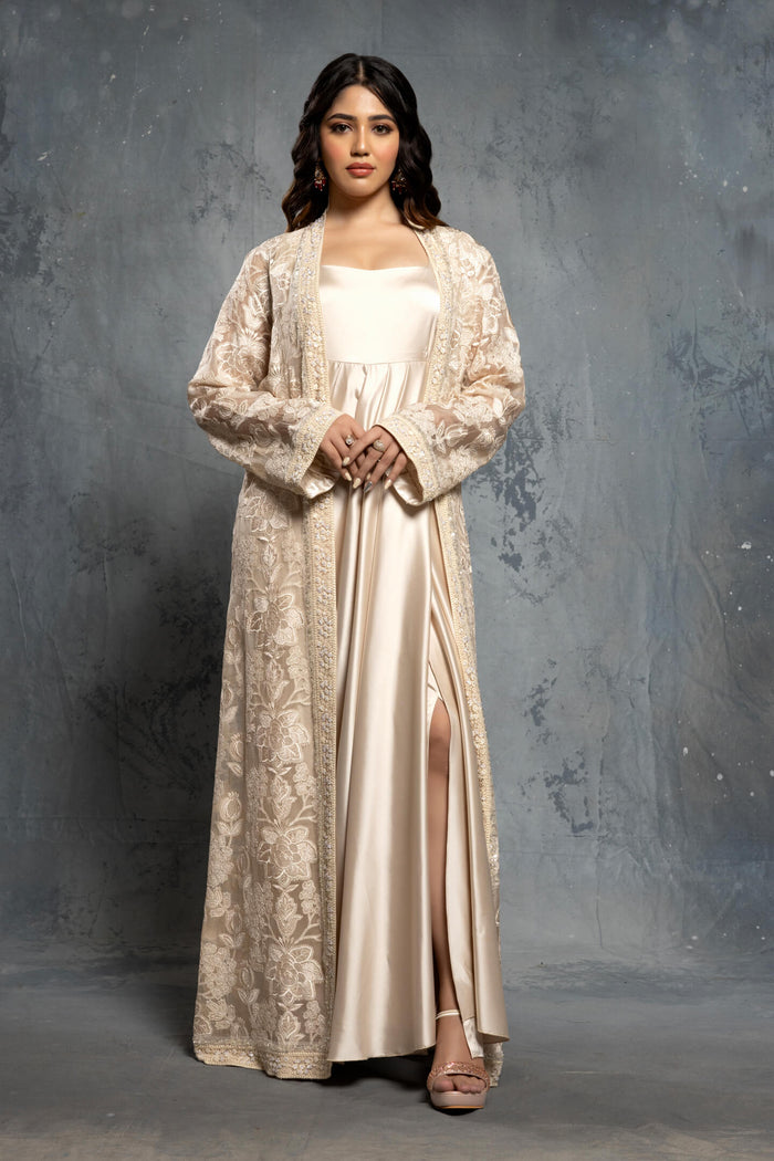 Ecru Threadwork Embroidery Jacket Gown - NSL FASHION PVT LTD