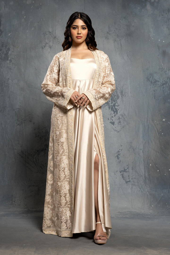 Ecru Threadwork Embroidery Jacket Gown - NSL FASHION PVT LTD