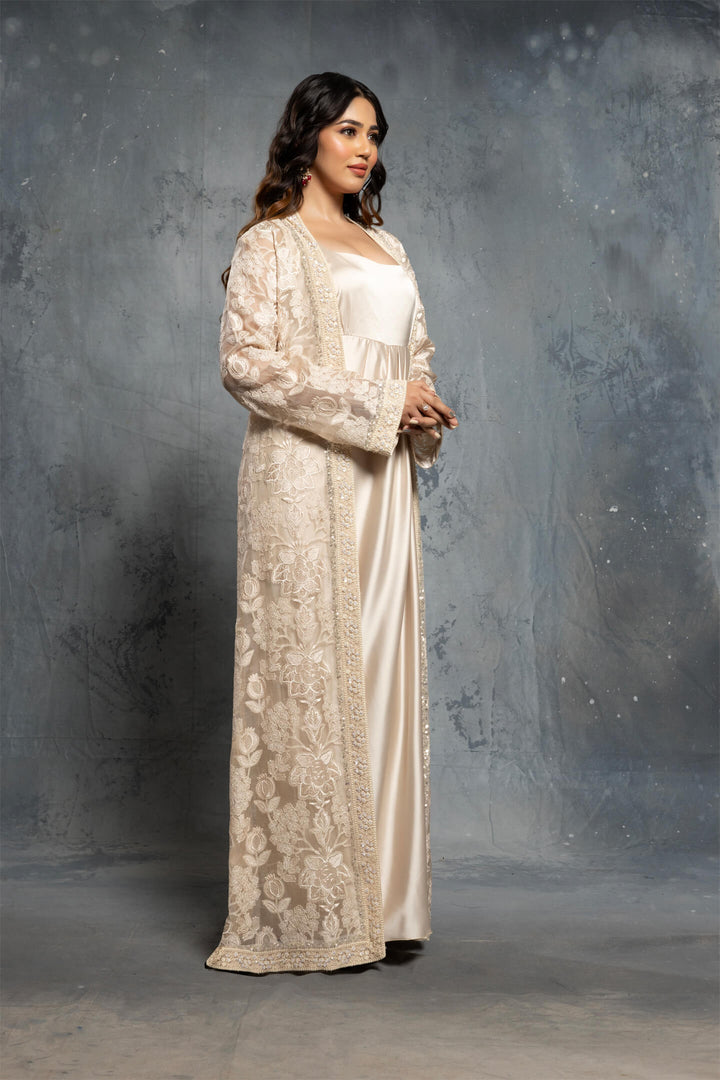 Ecru Threadwork Embroidery Jacket Gown - NSL FASHION PVT LTD