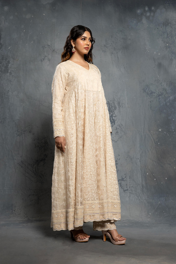 Ecru V-Neck Threadwork Embroidered Anarkali Set