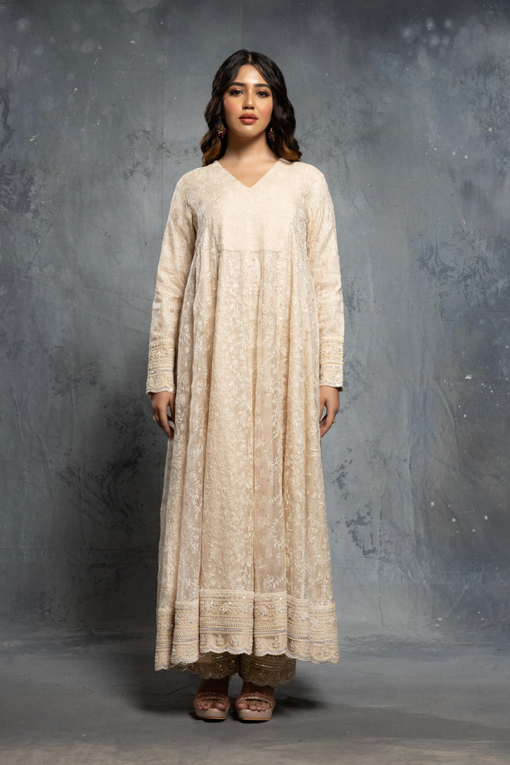 Ecru V-Neck Threadwork Embroidered Anarkali Set - NSL FASHION PVT LTD