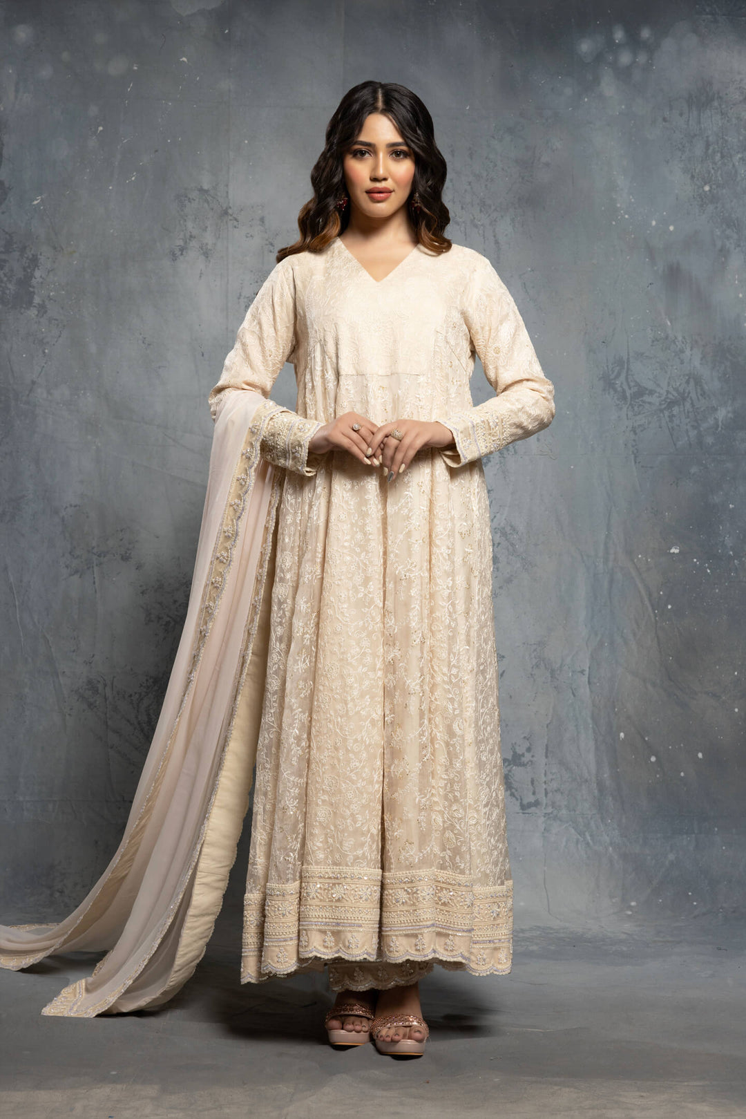 Ecru V-Neck Threadwork Embroidered Anarkali Set - NSL FASHION PVT LTD