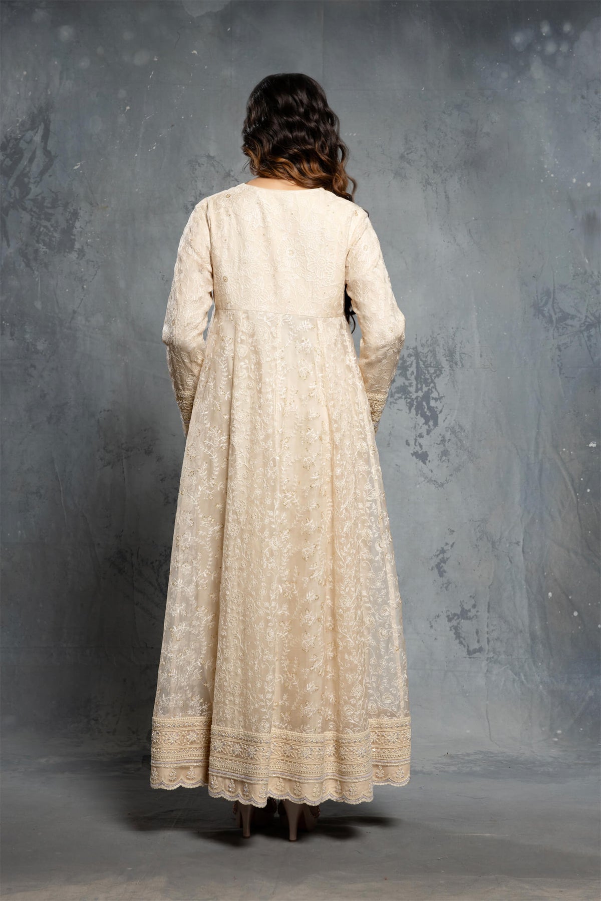 Ecru V-Neck Threadwork Embroidered Anarkali Set - NSL FASHION PVT LTD