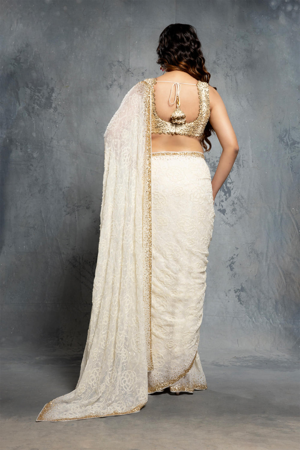 Ecru and Gold Sequin Saree Set - NSL FASHION PVT LTD