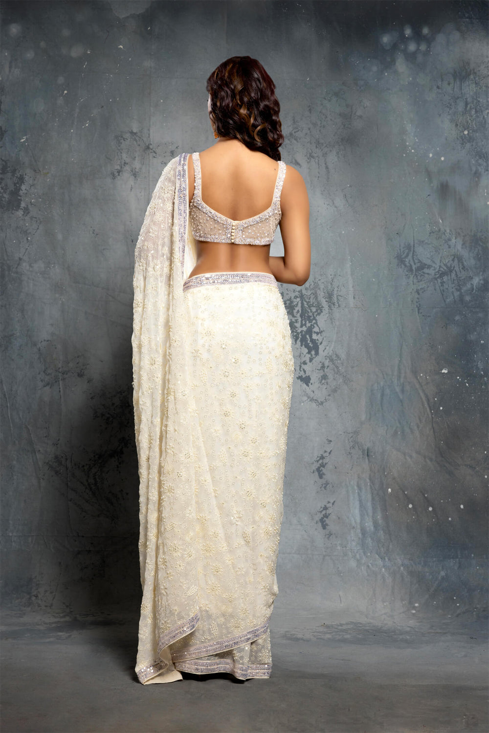 Ecru and Silver Sequin Embellished Saree Set - NSL FASHION PVT LTD