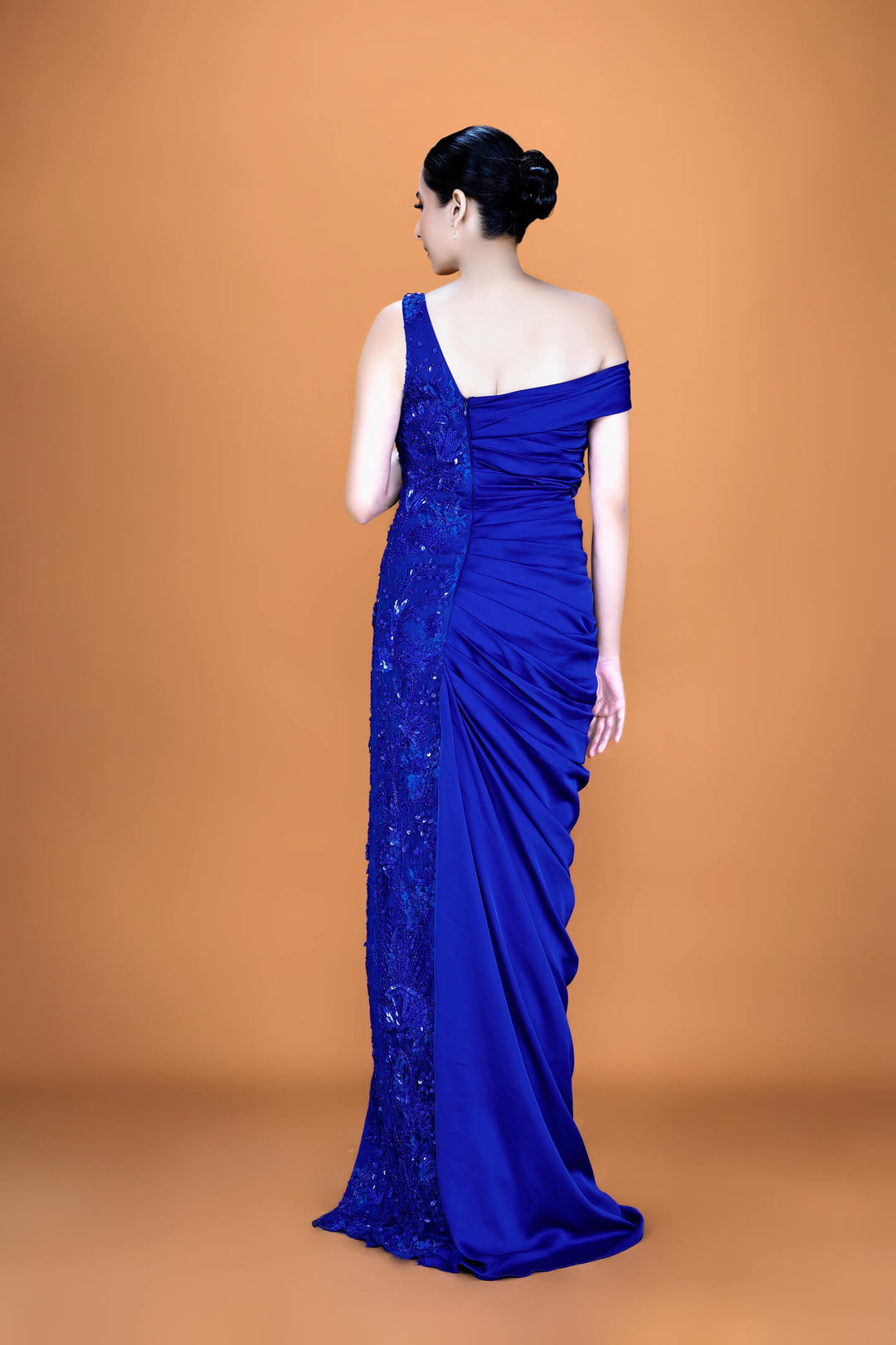 Electric Blue asymmetrical cowl gown - NSL FASHION PVT LTD