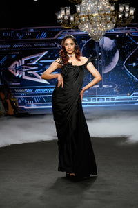 Elena - Black satin Embroidered Saree Gown - NSL FASHION PVT LTD