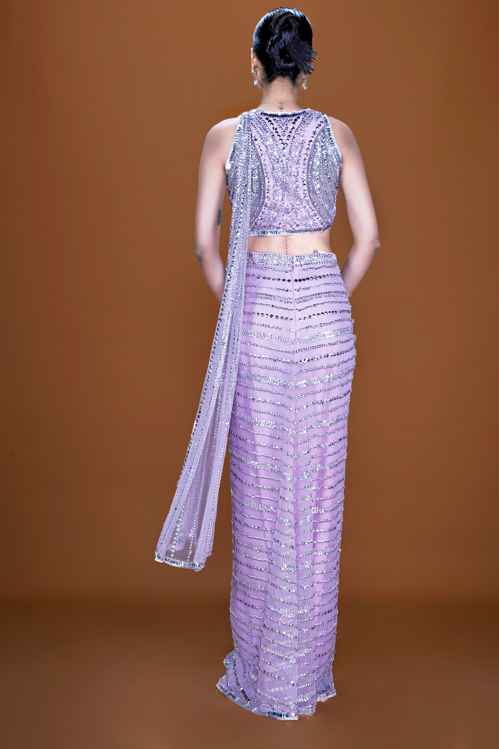 Opera Mauve Elegance: Pre-Stitched Embroidered Saree Set - NSL FASHION PVT LTD