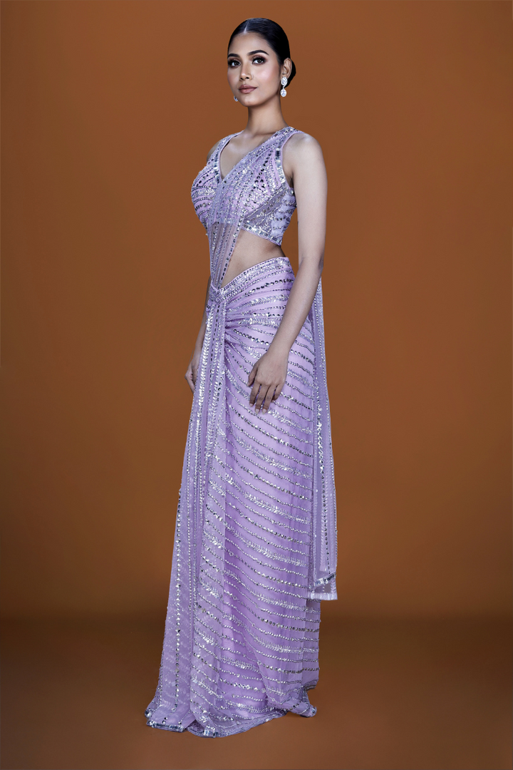 Opera Mauve Elegance: Pre-Stitched Embroidered Saree Set - NSL FASHION PVT LTD