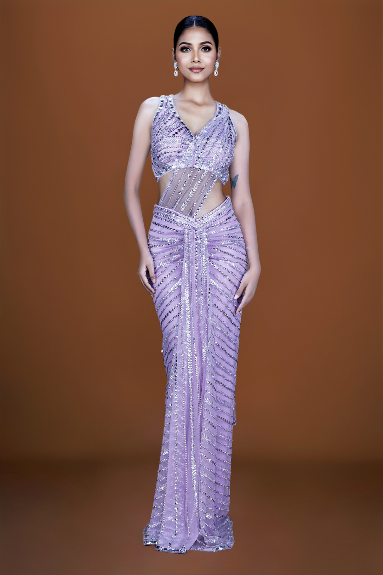 Opera Mauve Elegance: Pre-Stitched Embroidered Saree Set - NSL FASHION PVT LTD