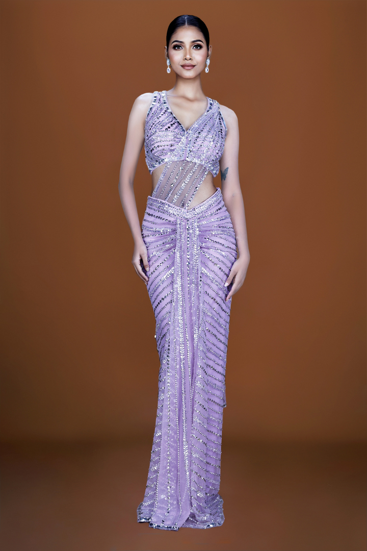 Opera Mauve Elegance: Pre-Stitched Embroidered Saree Set - NSL FASHION PVT LTD