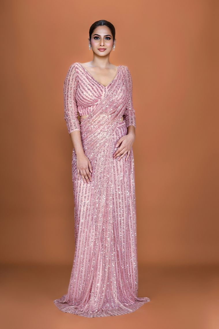 Blush Glam Sequin Embroidered Pre-Stitched Saree Set - NSL FASHION PVT LTD