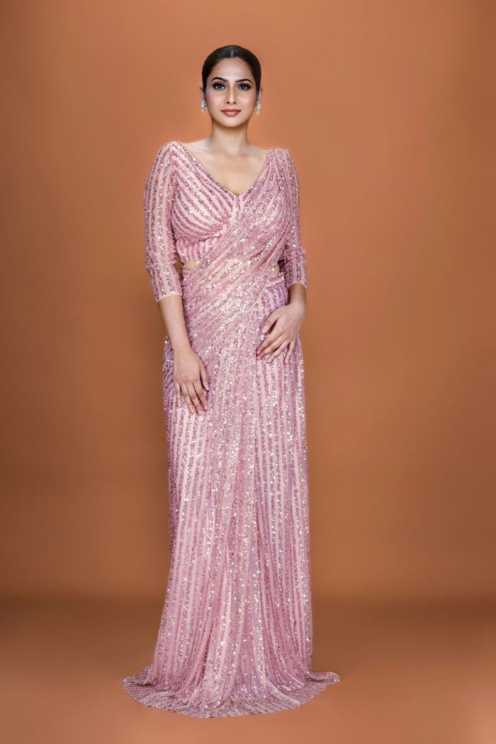 Blush Glam Sequin Embroidered Pre-Stitched Saree Set - NSL FASHION PVT LTD