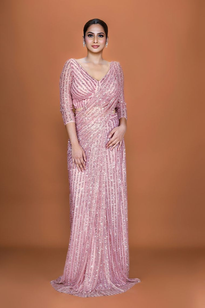 Blush Glam Sequin Embroidered Pre-Stitched Saree Set - NSL FASHION PVT LTD