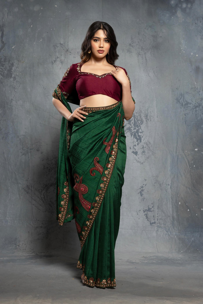 Forest green Tussar Silk Embroidered Saree Set - NSL FASHION PVT LTD