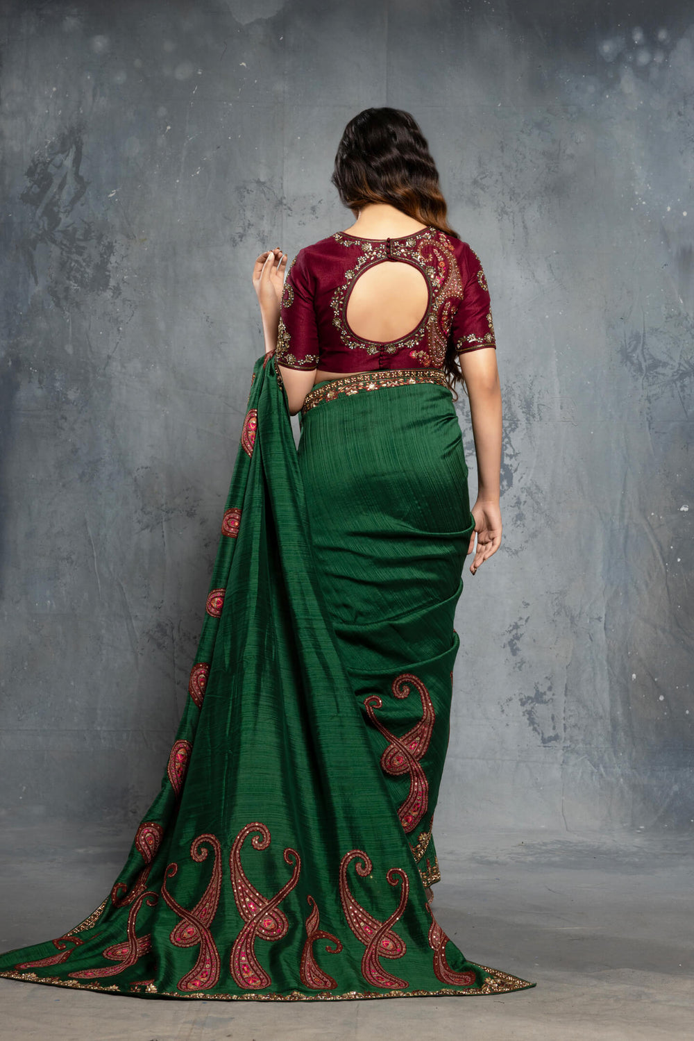 Forest green Tussar Silk Embroidered Saree Set - NSL FASHION PVT LTD
