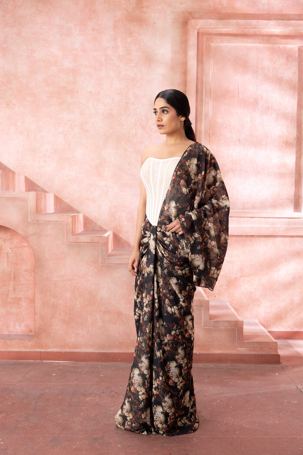 Garnelia- Floral Pre-draped Saree Gown - NSL FASHION PVT LTD