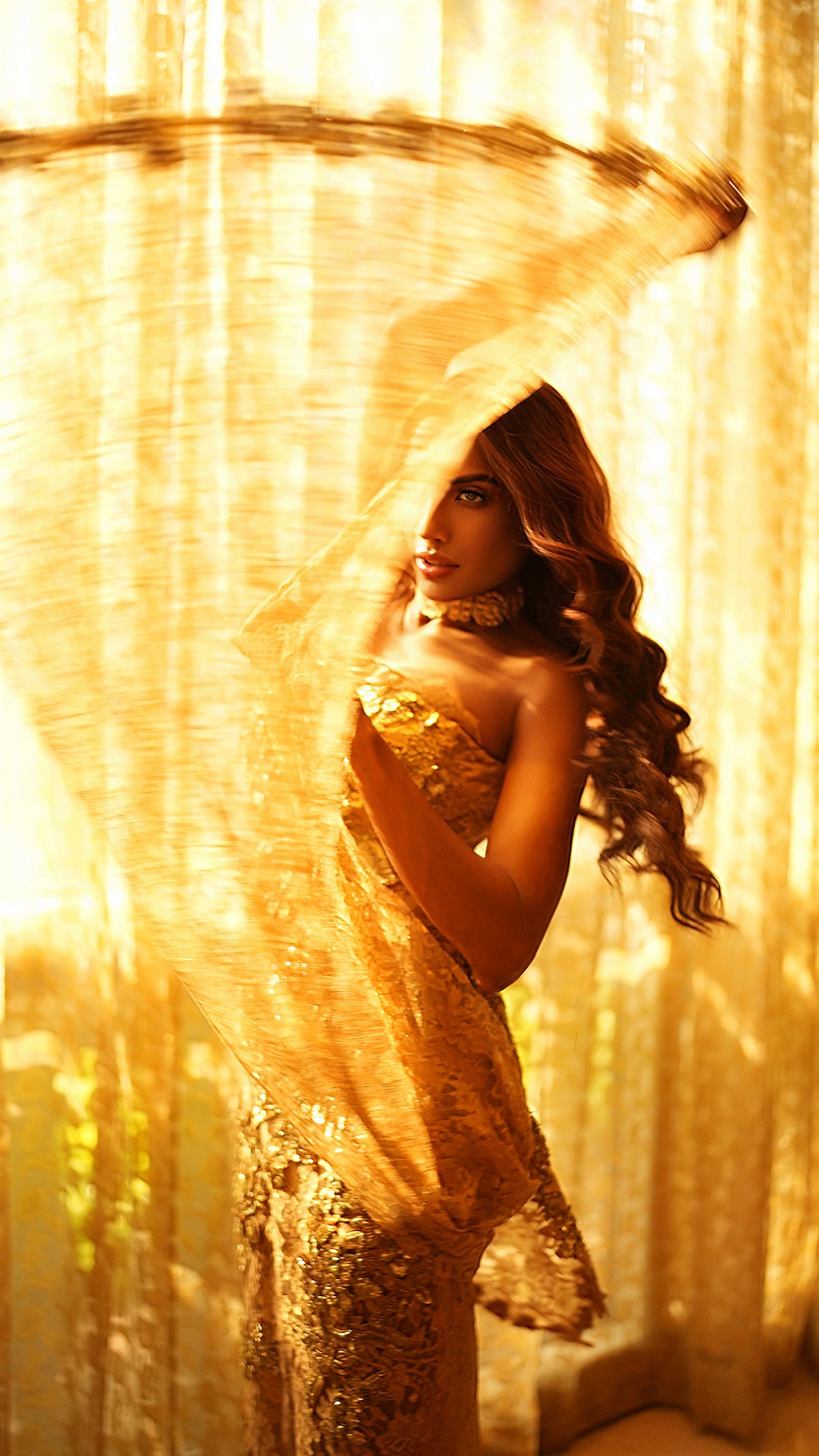 Ethereal Gold Floral Sequin-Embellished Lace Gown with Draped Trail - NSL FASHION PVT LTD