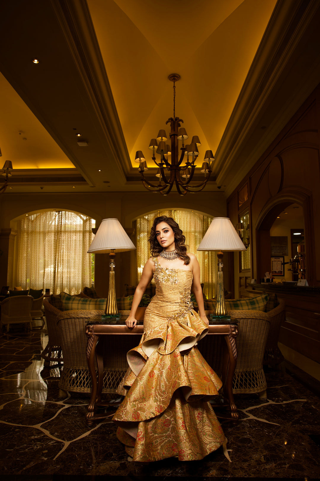 Golden Elegance: Vintage Brocade Sequin Evening Gown - NSL FASHION PVT LTD