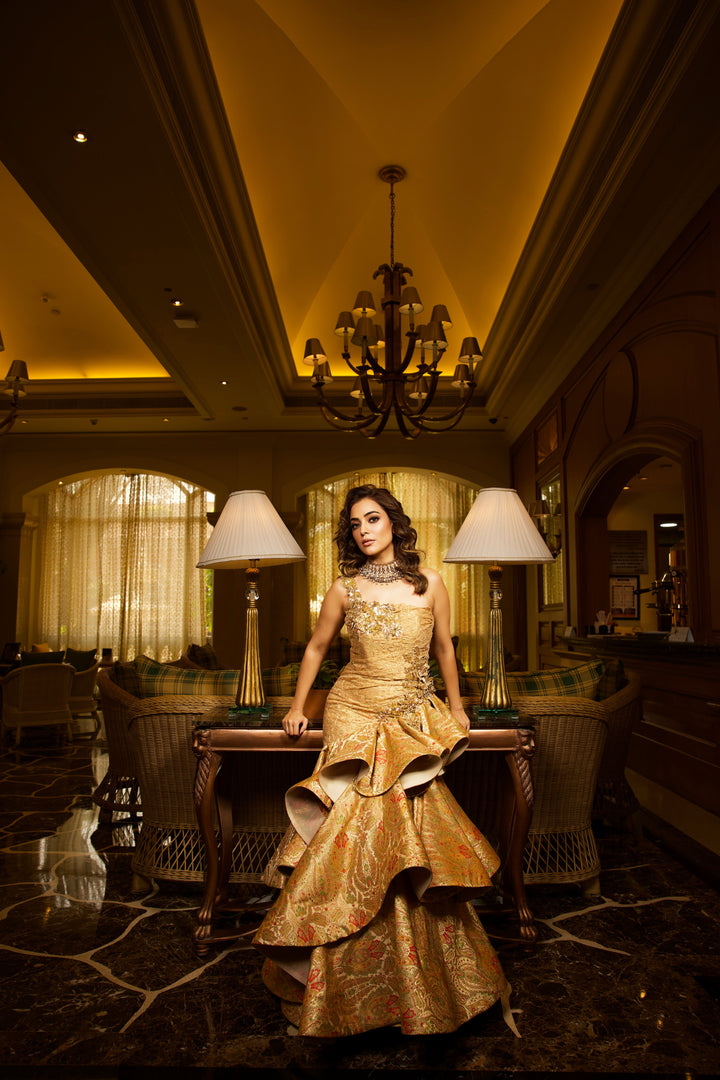 Golden Elegance: Vintage Brocade Sequin Evening Gown - NSL FASHION PVT LTD