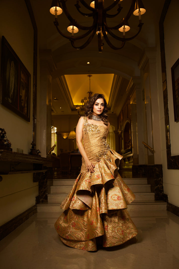 Golden Elegance: Vintage Brocade Sequin Evening Gown - NSL FASHION PVT LTD