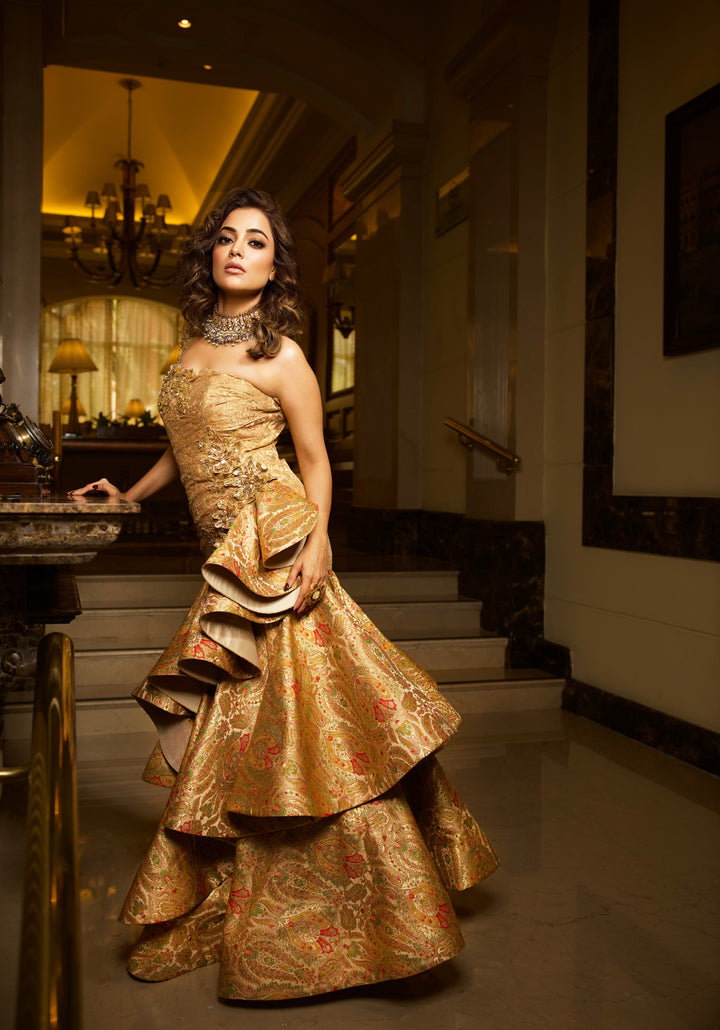 Golden Elegance: Vintage Brocade Sequin Evening Gown - NSL FASHION PVT LTD