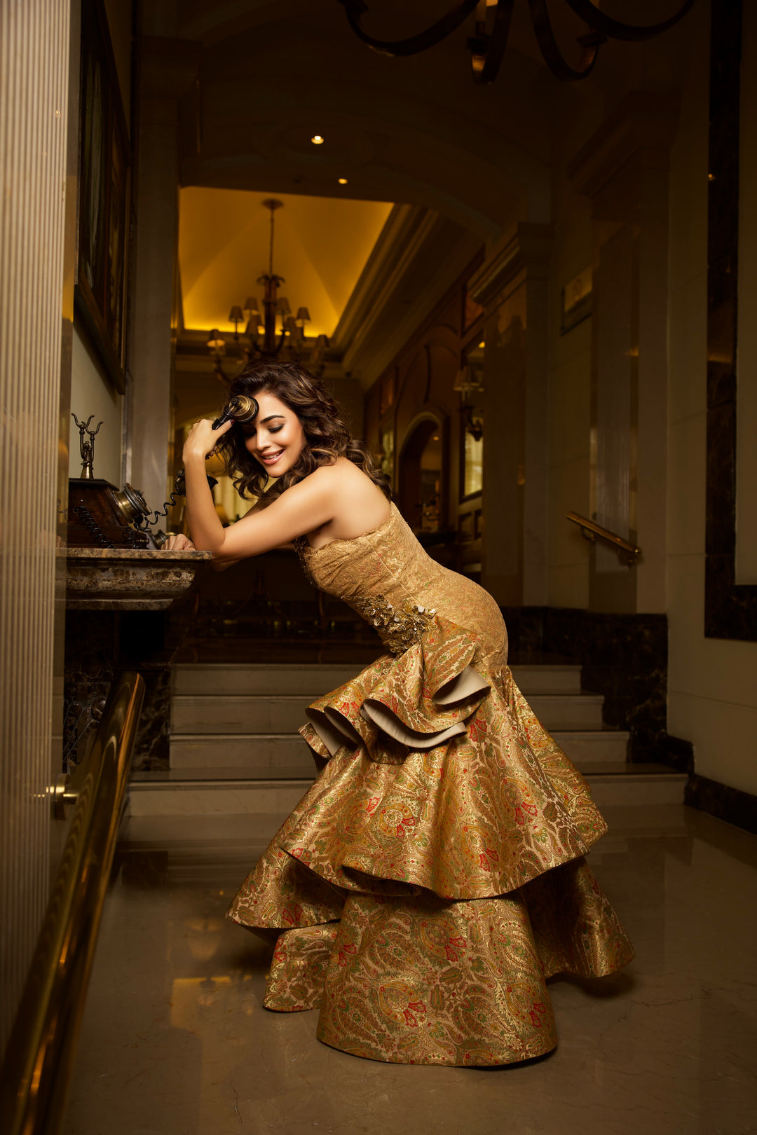 Golden Elegance: Vintage Brocade Sequin Evening Gown - NSL FASHION PVT LTD