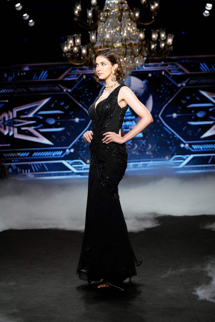 Helen - Black Chiffon Pleated Embroidered Evening Gown - NSL FASHION PVT LTD