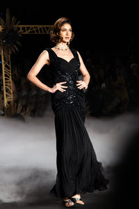 Helen - Black Chiffon Pleated Embroidered Evening Gown - NSL FASHION PVT LTD