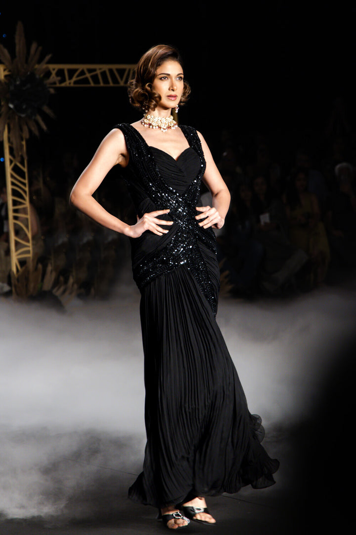 Helen - Black Chiffon Pleated Embroidered Evening Gown - NSL FASHION PVT LTD