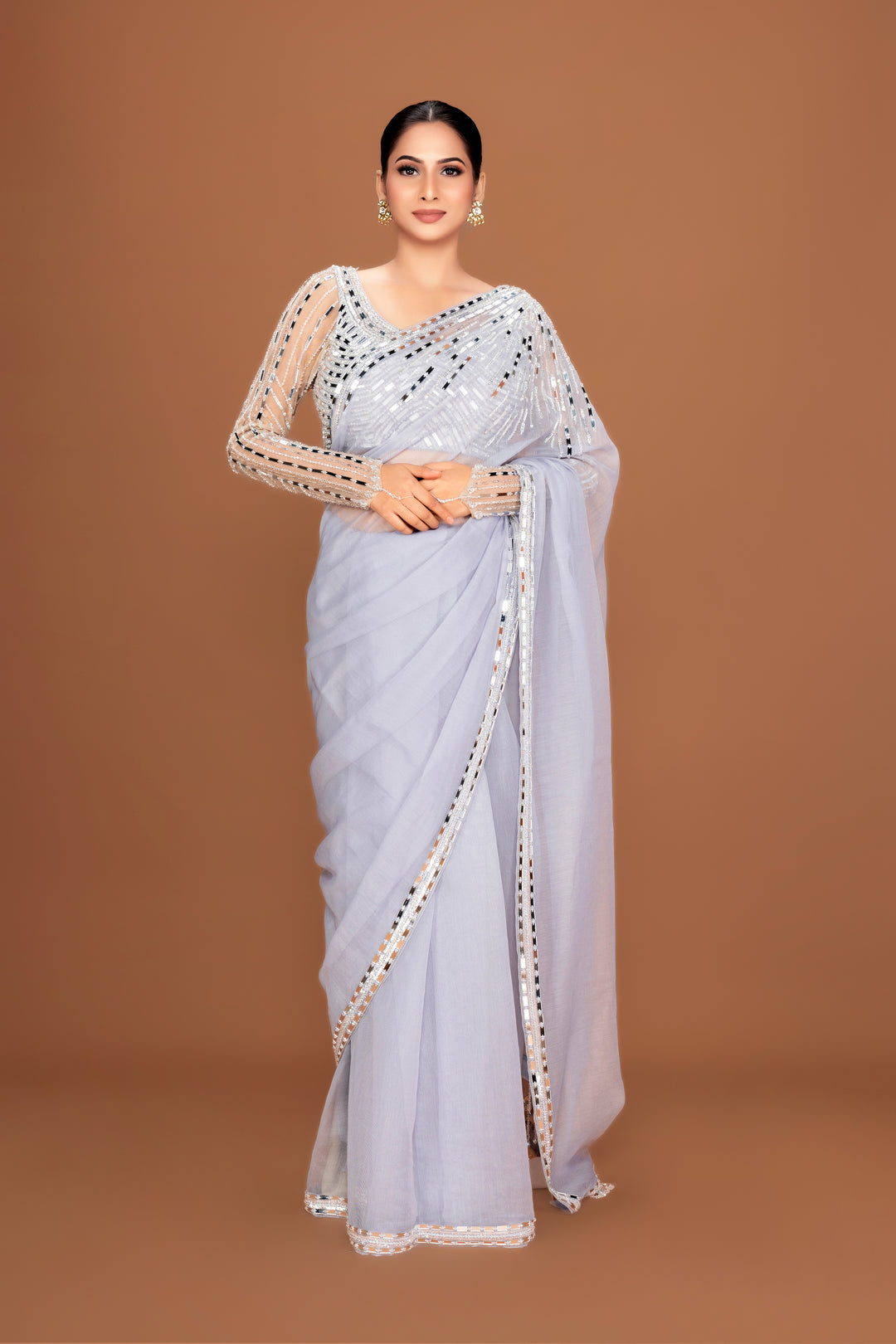 Pewter Elegance Organza Saree with Mirror & Bead Embellishments