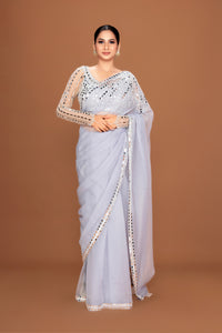 Pewter Elegance Organza Saree with Mirror & Bead Embellishments - NSL FASHION PVT LTD